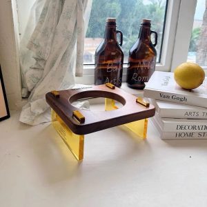 Wulihana Wo Li Heng Caramel Pet Food Rack Acrylic Walnut Bowl Rack Low Leg Lemon Yellow